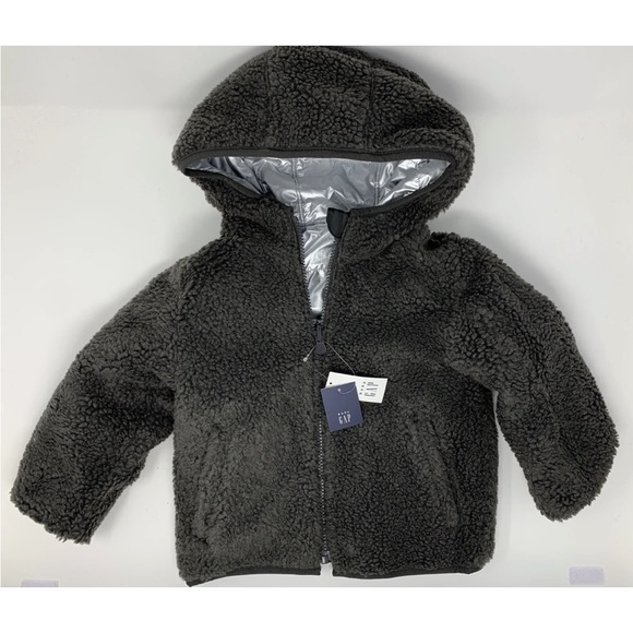 NWT 2T Gap reversible metallic Sherpa silver/grey winter coat - Picture 2 of 10